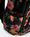Billabong Sweet Tropics Roadie Backpack in Black Multi close up view highlighting the durable recycled polyester fabric texture vibrant tropical floral print quality stitching secure zippered compartments and signature embroidered Billabong front logo, sold by Point Break Cambridge local family surf shop at 63 Duke Street.