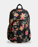 Billabong Sweet Tropics Roadie Backpack in Black Multi front view showcasing the vibrant all-over tropical floral print spacious 31-litre backpack silhouette vertical zippered front pocket durable recycled polyester fabric and signature embroidered Billabong logo, sold by Point Break Cambridge local family surf shop at 63 Duke Street.