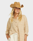 Billabong Take It West Hat in Natural front view showcasing the classic western-inspired cowgirl silhouette beautifully woven natural paper straw construction sculpted crown and wide shapeable wire-reinforced brim, sold by Point Break Cambridge local family surf shop at 63 Duke Street.