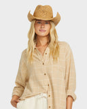 Billabong Take It West Hat in Natural front view showcasing the classic western-inspired cowgirl silhouette beautifully woven natural paper straw construction sculpted crown and wide shapeable wire-reinforced brim, sold by Point Break Cambridge local family surf shop at 63 Duke Street.