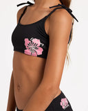 Billabong Waterlily Bralette Set in Black Pebble close up view highlighting the premium recycled nylon stretch swimwear fabric texture adjustable tie strap construction quality stitching distinctive Billabong plastisol print details and classic Black Pebble colourway, sold by Point Break Cambridge local family surf shop at 63 Duke Street.
