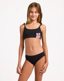 Billabong Waterlily Bralette Set in Black Pebble front view showcasing the stylish two-piece girls bikini design banded bralette top adjustable tie straps coordinating full-coverage swim bottoms and distinctive Billabong chest print detailing, sold by Point Break Cambridge local family surf shop at 63 Duke Street.