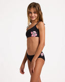 Billabong Waterlily Bralette Set in Black Pebble side profile view showcasing the comfortable banded bralette bikini top adjustable tie strap design flexible stretch swimwear fabric and coordinating full-coverage swim bottoms for active beach adventures, sold by Point Break Cambridge local family surf shop at 63 Duke Street.
