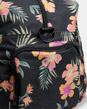 Billabong Weekend Seeker Duffle Bag in Black Multi close up view highlighting the premium 600D recycled polyester fabric texture secure top zip closure lockable zip pull black metal hardware quality stitching and signature Billabong rubber logo patch, sold by Point Break Cambridge local family surf shop at 63 Duke Street.