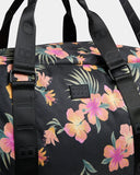 Billabong Weekend Seeker Duffle Bag in Black Multi close up view highlighting the premium 600D recycled polyester fabric texture secure top zip closure lockable zip pull black metal hardware quality stitching and signature Billabong rubber logo patch, sold by Point Break Cambridge local family surf shop at 63 Duke Street.