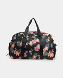 Billabong Weekend Seeker Duffle Bag in Black Multi front view showcasing the spacious 45-litre travel bag silhouette durable recycled polyester construction comfortable carry handles and signature Billabong rubber logo patch, sold by Point Break Cambridge local family surf shop at 63 Duke Street.