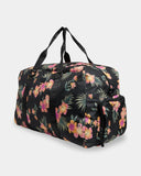 Billabong Weekend Seeker Duffle Bag in Black Multi front view showcasing the spacious 45-litre travel bag silhouette durable recycled polyester construction comfortable carry handles and signature Billabong rubber logo patch, sold by Point Break Cambridge local family surf shop at 63 Duke Street.