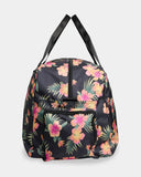 Billabong Weekend Seeker Duffle Bag in Black Multi side profile view showcasing the generous 45-litre storage capacity detachable adjustable shoulder strap black metal hardware and practical soft-sided duffle bag construction, sold by Point Break Cambridge local family surf shop at 63 Duke Street.