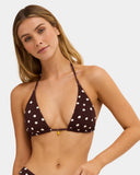 Billabong Womens Hot Shot Remi Tri Bikini Top in Teak close up view highlighting the premium crepe-textured nylon elastane fabric, detailed stitching, delicate pineapple charm, removable cup padding and signature Billabong metal logo detail, available at Point Break Cambridge surf shop at 63 Duke Street.