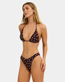 Billabong Womens Hot Shot Remi Tri Bikini Top in Teak side profile view showcasing the adjustable sliding triangle cups, halter tie strap design, flexible textured stretch fabric and earthy Teak colourway, available at Point Break Cambridge surf shop at 63 Duke Street.