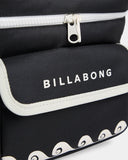 Billabong Womens La Lune Cooler Bag in Black Pebble close up view highlighting the durable 600D recycled polyester fabric texture distinctive black and white La Lune print insulated interior lining quality stitching and signature Billabong printed branding, sold by Point Break Cambridge local family surf shop at 63 Duke Street.