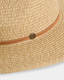 Billabong Womens Miranda Paper Straw Hat in Natural sand close up view highlighting the premium textured woven paper fabric weave pattern detailed brand badge hardware and internal sweatband lining, sold by Point Break Cambridge local family surf shop at 63 Duke street.