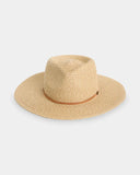 Billabong Womens Miranda Paper Straw Hat in Natural sand front view showing the textured woven straw construction structured crown wide sun brim and metal brand logo badge layout, sold by Point Break Cambridge local family surf shop at 63 Duke street.