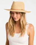 Billabong Womens Miranda Paper Straw Hat in Natural sand front view showing the textured woven straw construction structured crown wide sun brim and metal brand logo badge layout, sold by Point Break Cambridge local family surf shop at 63 Duke street.