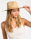 Billabong Womens Miranda Paper Straw Hat in Natural sand front view showing the textured woven straw construction structured crown wide sun brim and metal brand logo badge layout, sold by Point Break Cambridge local family surf shop at 63 Duke street.