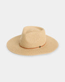 Billabong Womens Miranda Paper Straw Hat in Natural sand side profile view highlighting the comfortable low profile crown band depth and sun shading protective brim curve, sold by Point Break Cambridge local family surf shop at 63 Duke street.