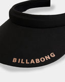 Billabong Womens Pacific Beach Visor in Black close up view highlighting the premium textured woven fabric weave pattern detailed brand badge hardware and internal sweatband lining, sold by Point Break Cambridge local family surf shop at 63 Duke street.