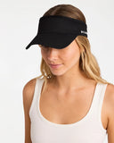 Billabong Womens Pacific Day Visor in Black front view showing the textured woven straw sun brim open crown architecture and metal brand logo badge layout, sold by Point Break Cambridge local family surf shop at 63 Duke street.