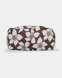 Billabong Womens Playa Sol Barrel Pencil Case in Teak back view highlighting the beautiful chocolate and neutral floral pattern durable 600D recycled polyester construction practical barrel-shaped design and signature Billabong woven pip tag, sold by Point Break Cambridge local family surf shop at 63 Duke Street.