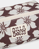 Billabong Womens Playa Sol Barrel Pencil Case in Teak close up view highlighting the premium 600D recycled polyester fabric texture detailed chocolate and neutral floral print quality stitching secure zip closure and signature Billabong flower rubber logo, sold by Point Break Cambridge local family surf shop at 63 Duke Street.