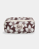 Billabong Womens Playa Sol Barrel Pencil Case in Teak front view showcasing the compact cylindrical pencil case silhouette distinctive chocolate and neutral tropical floral print durable recycled polyester fabric and signature Billabong flower rubber logo, sold by Point Break Cambridge local family surf shop at 63 Duke Street.