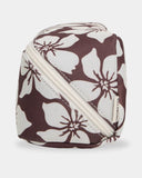 Billabong Womens Playa Sol Barrel Pencil Case in Teak side profile view showcasing the convenient cylindrical storage shape compact 21cm length secure zip fastening durable recycled polyester fabric and relaxed tropical floral styling, sold by Point Break Cambridge local family surf shop at 63 Duke Street.