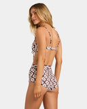 Billabong Womens Playa Sol Drew DD Bikini Top in Teak back view highlighting the adjustable contrast shoulder straps secure centre back S-hook closure comfortable bralette construction and soft recycled stretch fabric with tropical-inspired floral detailing, sold by Point Break Cambridge local family surf shop at 63 Duke Street.