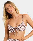 Billabong Womens Playa Sol Drew DD Bikini Top in Teak close up view highlighting the premium recycled nylon stretch fabric texture delicate front drawcord tie quality stitching adjustable contrast strap hardware and signature embroidered Billabong logo detailing, sold by Point Break Cambridge local family surf shop at 63 Duke Street.