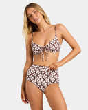 Billabong Womens Playa Sol Drew DD Bikini Top in Teak front view showcasing the flattering bralette bikini silhouette adjustable drawcord front tie soft recycled stretch swimwear fabric contrast shoulder straps and distinctive earthy floral print, sold by Point Break Cambridge local family surf shop at 63 Duke Street.