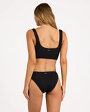 Billabong Womens Summer Hi Crop Bikini Top in Black Sands charcoal black back view showing the clean athletic pull-on architecture paneling and durable double stitched shoulder strap seam layouts, sold by Point Break Cambridge local family surf shop at 63 Duke street.