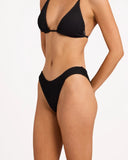 Billabong Womens Summer Hi Hike Pant Bikini Bottom in Black Sands charcoal black side profile view highlighting the supportive high-hip rise and clean leg opening architecture alignment, sold by Point Break Cambridge local family surf shop at 63 Duke street.