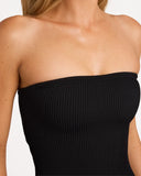 Billabong Womens Summer High Bandeau One Piece Swimsuit in Black Sands charcoal black close up view highlighting the premium soft ribbed texture fabric weave pattern, seamless edge lining, and metal brand logo badge detail, sold by Point Break Cambridge local family surf shop at 63 Duke street.