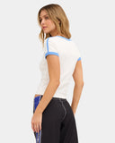 Billabong Womens Surf Vibe V Neck Tee in Salt Crystal back view highlighting the soft 100% cotton jersey fabric fitted short sleeve silhouette contrast shoulder binding details and versatile Salt Crystal colourway, sold by Point Break Cambridge local family surf shop at 63 Duke Street.