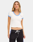 Billabong Womens Surf Vibe V Neck Tee in Salt Crystal front view showcasing the flattering fitted silhouette classic V neckline contrast neckband detailing comfortable cap sleeves and signature Billabong left chest print, sold by Point Break Cambridge local family surf shop at 63 Duke Street.