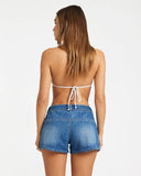Billabong Womens Wave Bound Short in Dark Denim back view showing the relaxed straight silhouette drape and premium structural patch pockets with clean seam stitching, sold by Point Break Cambridge local family surf shop at 63 Duke street.