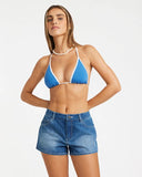 Billabong Womens Wave Bound Short in Dark Denim front view showing the comfortable elastic waistband adjustment drawcord and clean casual relaxed lower hemline profile, sold by Point Break Cambridge local family surf shop at 63 Duke street.