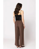 Billie The Label Essential Wide Leg Pant in Brown back view showing the elegant relaxed drape premium earth-toned fabric alignment and clean structural hip paneled tailoring with minimalist rear pocket detailing, sold by Point Break Cambridge local family surf shop at 63 Duke street.