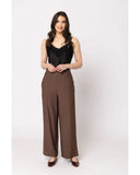 Billie The Label Essential Wide Leg Pant in Brown front view showing the elegant relaxed high-waisted silhouette flattering tailored front pleating and clean casual flowing lower wide leg hemline profile, sold by Point Break Cambridge local family surf shop at 63 Duke street.