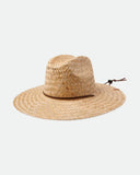 Brixton Bells II Sunhat in Tan/Tan straw front view showing the structured woven straw crown wide protective sun brim adjustable toggle chin cord and classic brand patch layout, sold by Point Break Cambridge local family surf shop at 63 Duke street.