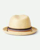 Brixton Castor Fedora in Tan front view showcasing the classic vintage-inspired fedora silhouette, premium woven paper straw construction, structured centre-dent crown, medium-stiff upturned brim and elegant grosgrain hatband, sold by Point Break Cambridge local family surf shop at 63 Duke Street.