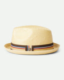 Brixton Castor Fedora in Tan front view showcasing the classic vintage-inspired fedora silhouette, premium woven paper straw construction, structured centre-dent crown, medium-stiff upturned brim and elegant grosgrain hatband, sold by Point Break Cambridge local family surf shop at 63 Duke Street.