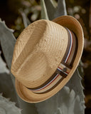 Brixton Castor Fedora in Tan front view showcasing the classic vintage-inspired fedora silhouette, premium woven paper straw construction, structured centre-dent crown, medium-stiff upturned brim and elegant grosgrain hatband, sold by Point Break Cambridge local family surf shop at 63 Duke Street.