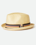Brixton Castor Fedora in Tan front view showcasing the classic vintage-inspired fedora silhouette, premium woven paper straw construction, structured centre-dent crown, medium-stiff upturned brim and elegant grosgrain hatband, sold by Point Break Cambridge local family surf shop at 63 Duke Street.