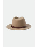 Brixton Messer Fedora in Sand back view highlighting the beautifully shaped wool felt teardrop crown, smooth natural Sand colourway, structured medium-width brim and timeless vintage-inspired hat design, sold by Point Break Cambridge local family surf shop at 63 Duke Street.