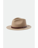 Brixton Messer Fedora in Sand front view showcasing the classic vintage-inspired fedora silhouette, premium Australian wool felt construction, structured teardrop crown, medium-width straight brim and elegant faux leather hatband, sold by Point Break Cambridge local family surf shop at 63 Duke Street.