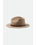 Brixton Messer Fedora in Sand side profile view showcasing the distinctive pinched teardrop crown, classic six-centimetre straight brim, elegant faux leather band and signature Brixton metal crest pin, sold by Point Break Cambridge local family surf shop at 63 Duke Street.