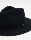 Brixton Messer Packable Fedora in Black Black close up view highlighting the premium textured felt finish detailed band attachment and internal adjustable hook and loop sweatband closure lining, sold by Point Break Cambridge local family surf shop at 63 Duke street.