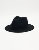 Brixton Messer Packable Fedora in Black Black front view showing the structured crease resistant crown flat protective sun brim and matching tonal felt band layout, sold by Point Break Cambridge local family surf shop at 63 Duke street.