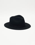 Brixton Messer Packable Fedora in Black Black front view showing the structured crease resistant crown flat protective sun brim and matching tonal felt band layout, sold by Point Break Cambridge local family surf shop at 63 Duke street.
