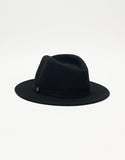 Brixton Messer Packable Fedora in Black Black side profile view highlighting the sophisticated crown teardrop crease shape and protective straight brim silhouette, sold by Point Break Cambridge local family surf shop at 63 Duke street.